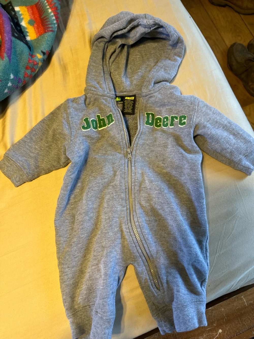 John Deere Gray Hooded Infant One-Piece with Green Logo